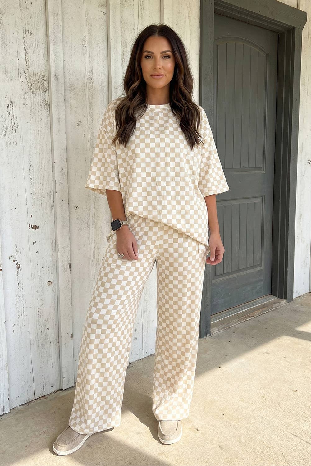 Checkered Print Half Sleeve Tee 2pcs Lounge Pant