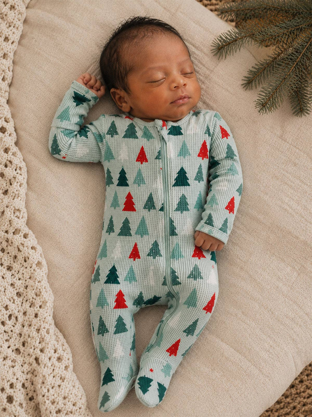 Organic Waffle Basic Zip Footie, Festive Firs