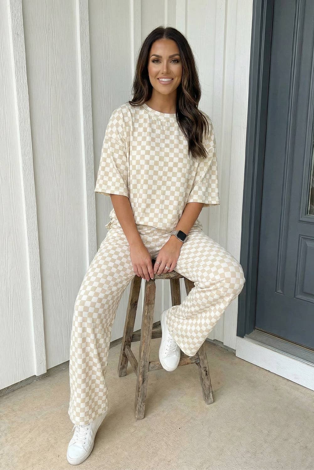 Checkered Print Half Sleeve Tee 2pcs Lounge Pant
